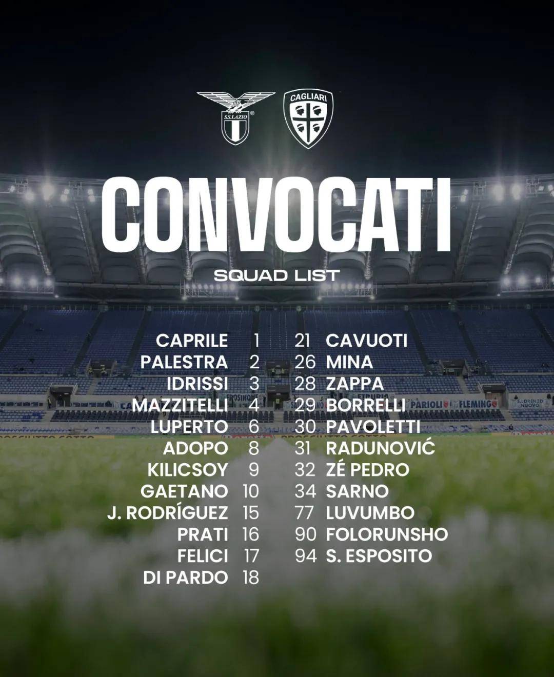 卡利亚里首发阵容调整，主教练变阵